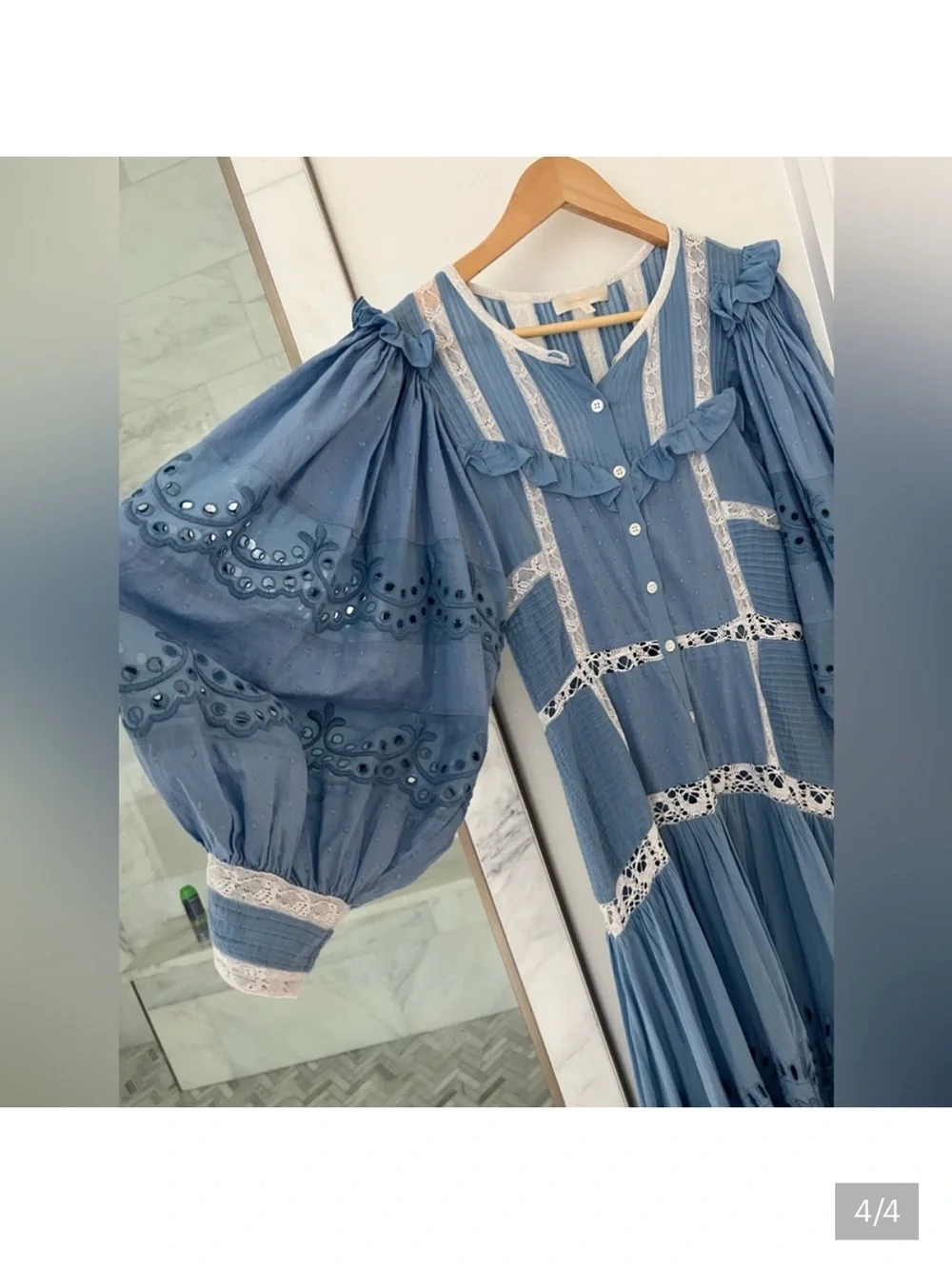 LoveShackFancy Blue Eyelet Lace-Trim Midi Dress - Picture 4 of 4